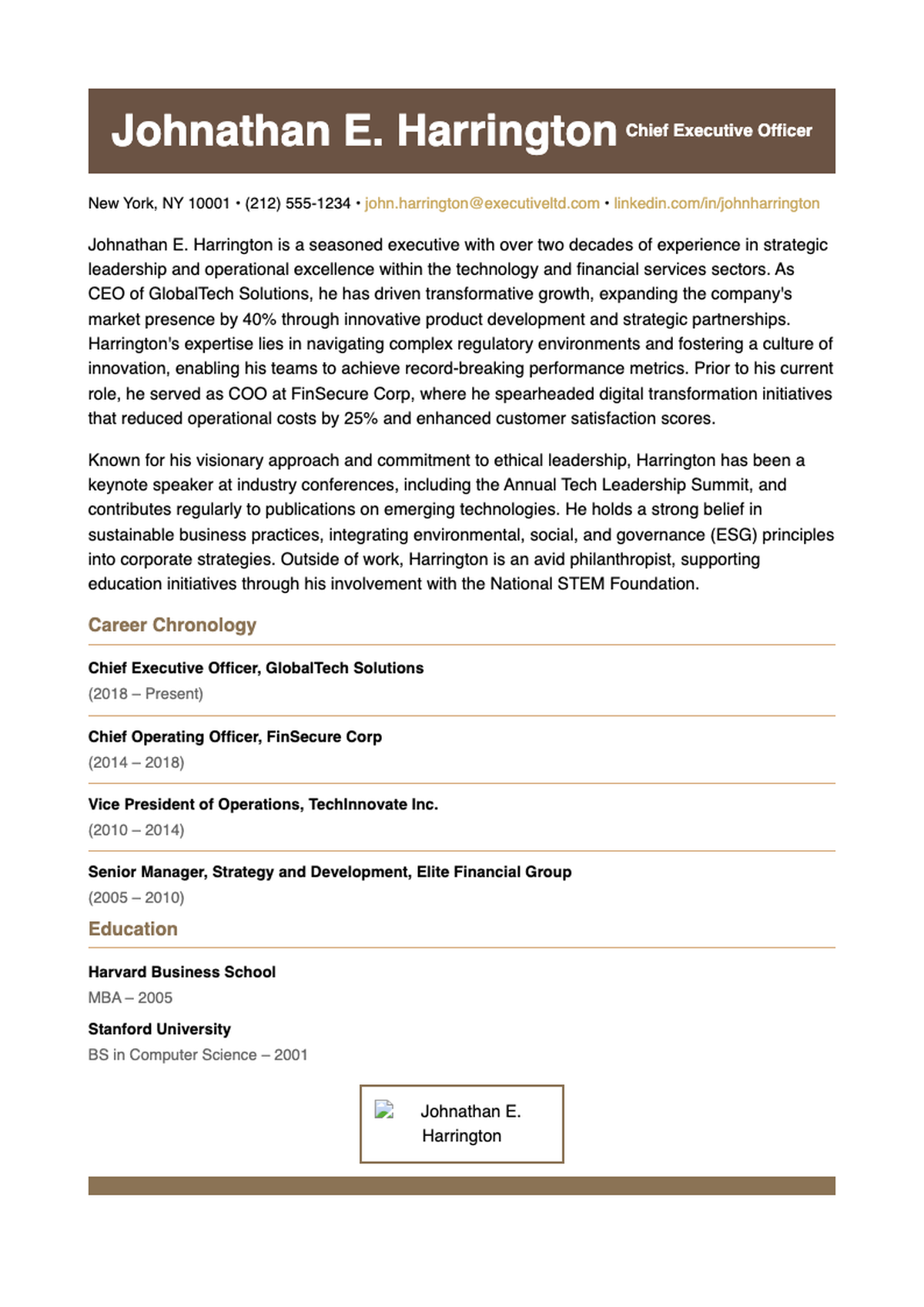 C Suite executive board candidate resume with career chronology and photo_variant_1